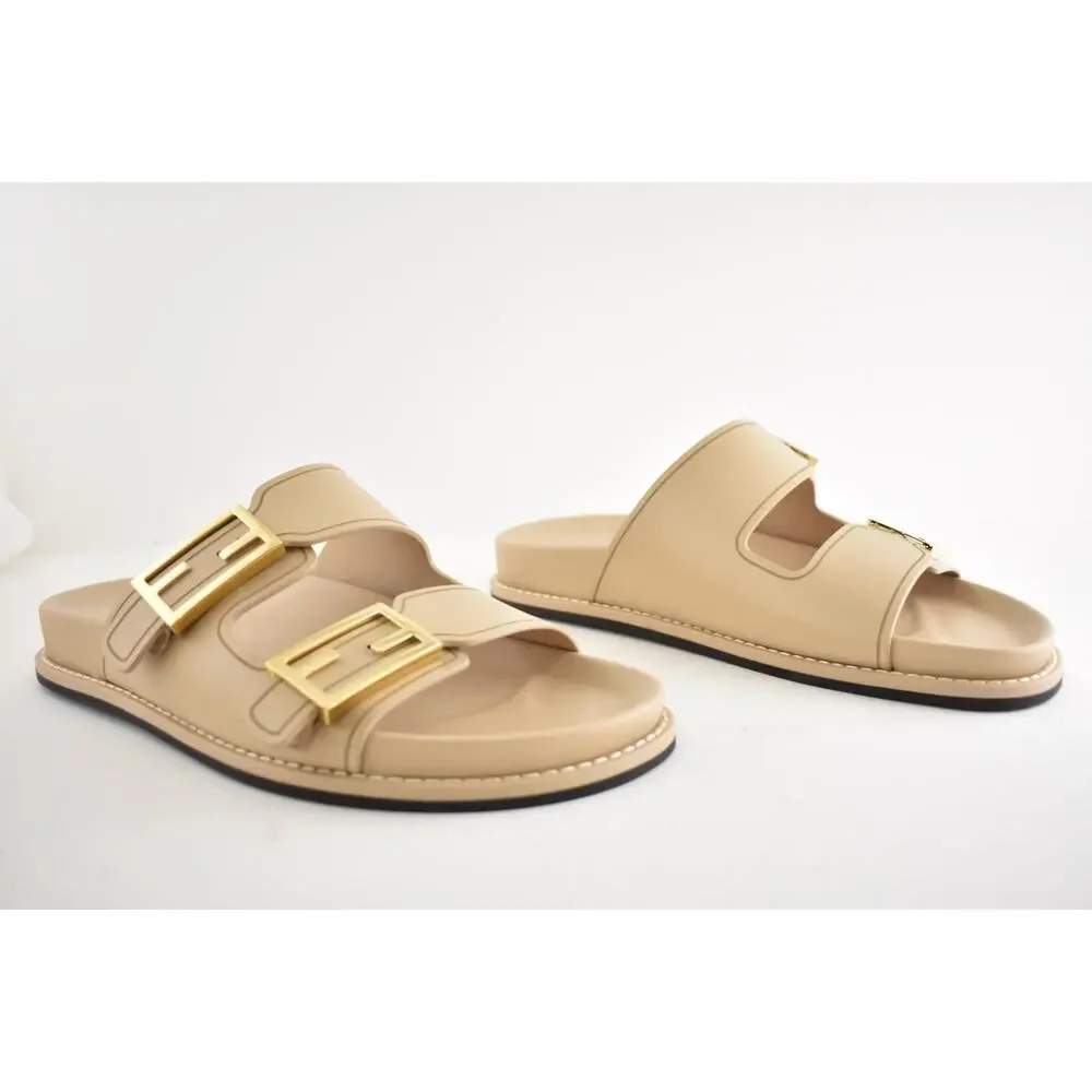 Fendi Feel Dual Strap Beige Leather Gold Logo Buckle Mule Flat Sandal Slide 39.5